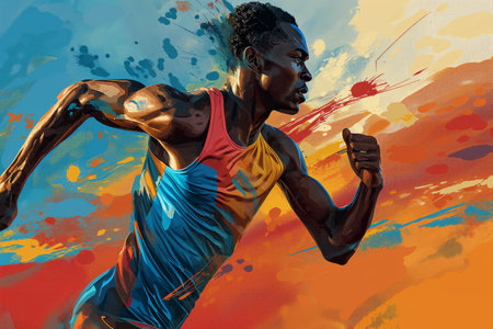 An African-American athlete in a bright uniform on a blue-red-orange graphic background. Illustrated presentation of the sport.の素材
