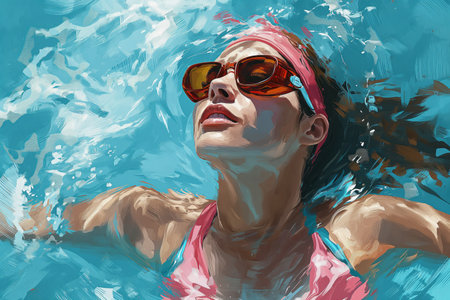 Female athlete enjoying backstroke in the pool. Illustrated image, close-up.の素材