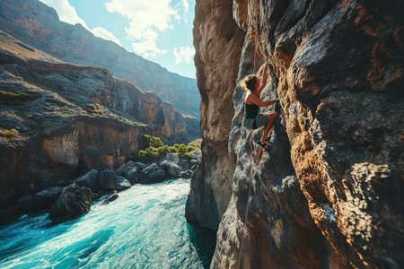 A young athletic woman climbs a rock in a picturesque location. Sport climbing.の素材