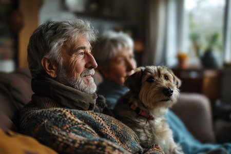 Senior couple with their favorite pet - a dog. Portraitの素材