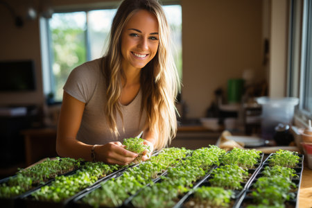 Vegan and healthy cuisine concept. A young woman grows microgreens at home.の素材