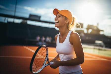 Happy female tennis player with a racket in her hands on the map. Portrait of an athlete.の素材