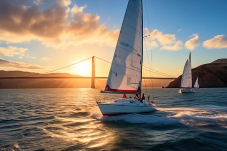 Sailing yachts with white sails at sea at sunset. There is a bridge in the background.の素材
