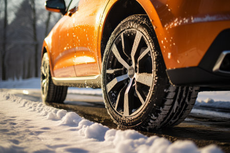 An orange car drives along a winter road. Close-up of car tires.の素材