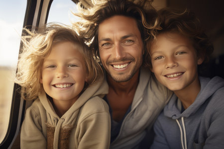 Portrait of a happy father with his sons traveling by car. Family vacation on vacation, road trip concept.の素材