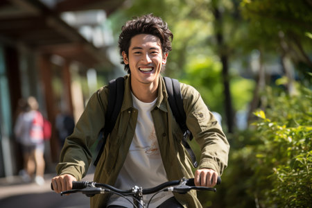 A young Asian man rides a bicycle to or from work, happy and smiling.の素材