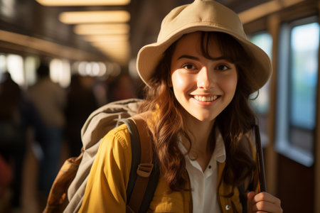 Portrait of a teenage girl riding in a train carriage, traveling.の素材