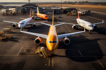 Planes stand at the airport at sunset. Transport concept.の素材