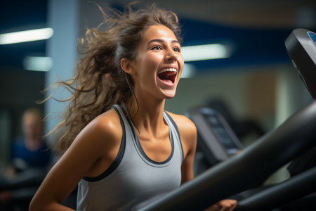 Smiling woman training in the gym on a treadmill. Healthy lifestyle.の素材