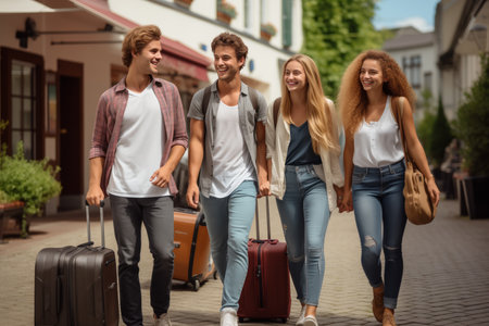 Two men and women are traveling, walking down the street with suitcases. Concept of relaxation, fun, relaxationの素材