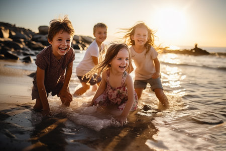 Happy children playing in the sea. Concept of healthy lifestyle, relaxationの素材