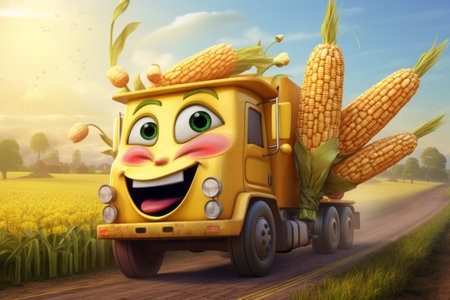 A cheerful yellow animated truck is carrying corn. Fun truckの素材
