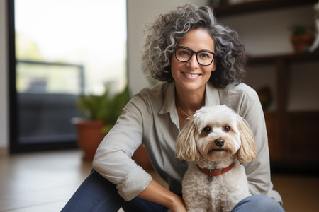 A Cheerful retired senior woman with dog and enjoying time with pet at home.の素材