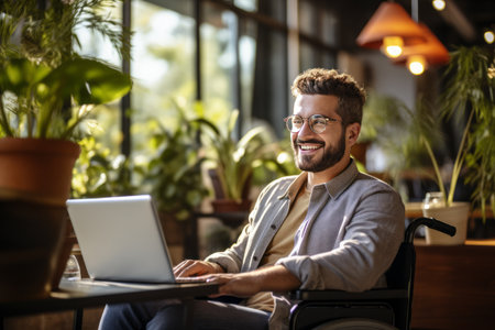 Portrait of a happy young male freelancer in a wheelchair looking at his laptop screen. Disability concept.の素材