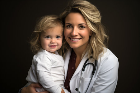 Portrait of a joyful female pediatrician holding a baby in her arms. Portrait of a doctor.の素材