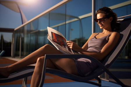 A beautiful young woman reads a magazine, sits in a sun lounger against the backdrop of the hotel. Vacation concept.の素材