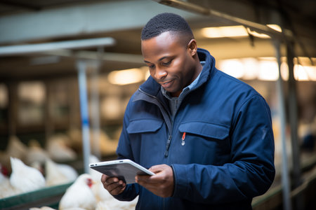 A farmer holds a tablet computer at a poultry farm, checking production and food supply.の素材