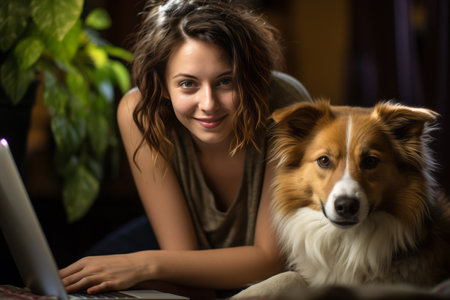 Attractive young female freelancer working on a laptop at home, with a pet dog sitting nearby. Working from home and pets.の素材