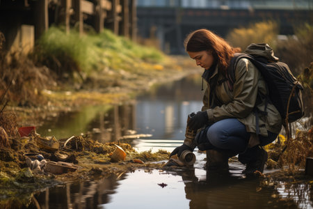 A female biologist takes and examines a sample of natural river water and soil. Environmental pollution conceptの素材