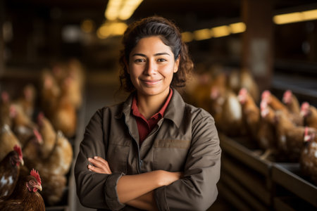 A woman farmer holds a chicken at a poultry farm. Portrait of a farmer.の素材