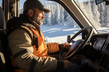 A male driver rides in the cab of a large truck in winter.の素材