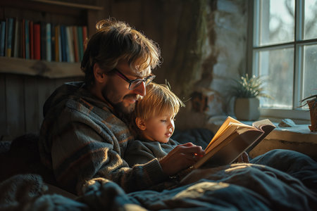 Man reading book with son sitting on bed at home.の素材