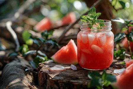 Close up of fresh watermelon cocktail in glass. Close-up.の素材