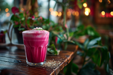 Glass of pink latte with beetroot juice. Close-up.の素材