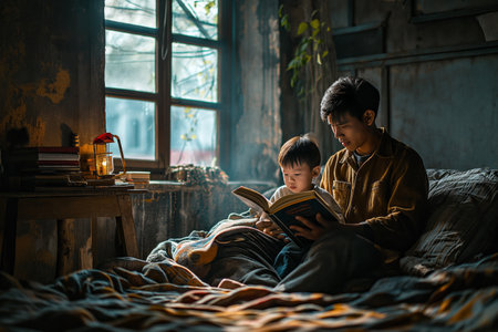 Asian father and son reading a book, spending time together at home.の素材