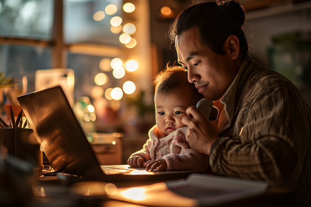 A man works at a computer while holding a baby.の素材