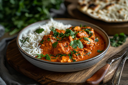 Indian Butter Chicken with Papadam and rice. Close-upの素材