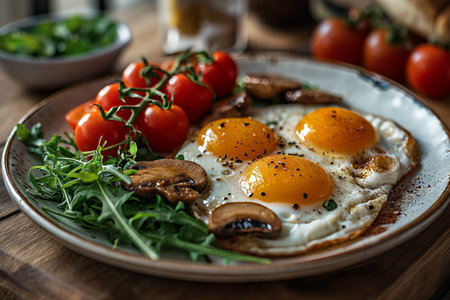 Low carb breakfast with fried egg mushrooms roc. Close-upの素材
