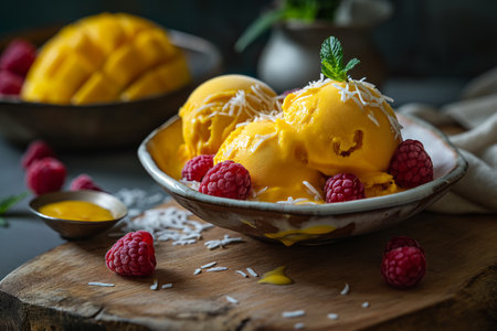 Mango and apricot ice cream with raspberries. Close-upの素材