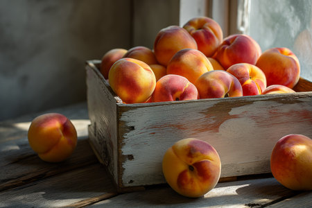 Fresh ripe peaches in a wooden box. Close-up.の素材