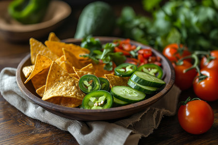 Wooden bowl of avocados green tomatoes Jalapeno. Close-upの素材
