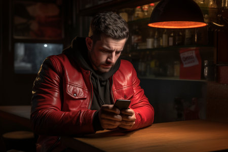 A young man malicious swinger in red clothes uses a mobile phone, sits in a cafe. Mobile phone account fraud. Fraudの素材