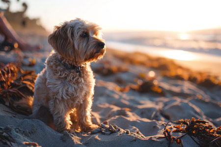 Maltipoo Dog sits on the beach at the sea at sunset.の素材
