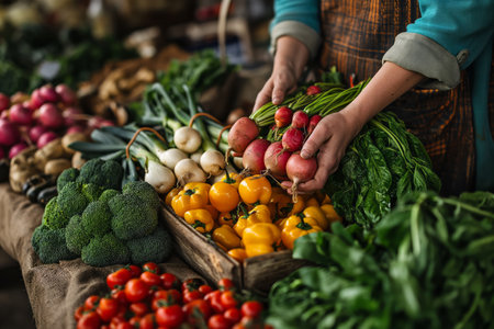 Hands of woman holding fresh vegetables at market.の素材