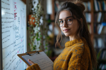 Female student with clipboard standing by white board.の素材