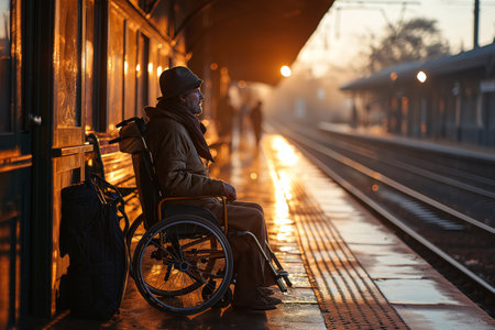 A disabled person with baggage sits at a railway station.の素材