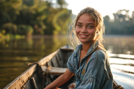 Smiling girl sitting in rowboat on lake.の素材