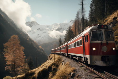 The red passenger train travels in a picturesque place among the mountains. Travel concept.の素材