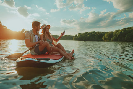 A young couple takes a selfie while sitting on a paddle board on the river. Active recreation in nature.の素材
