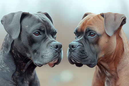 Two Boxer dogs look at each other. Pets.の素材