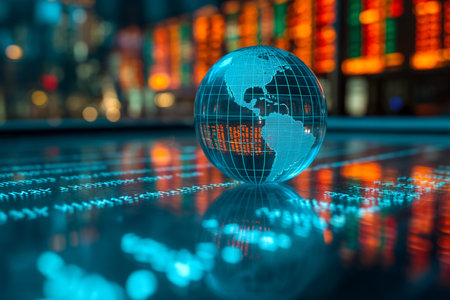 There is a glass globe on the glass and financial graphs and figures are reflected. Financial concept.の素材