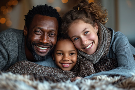 Portrait of a multiracial family. Happy father, mother and daughter are lying on the bed.の素材