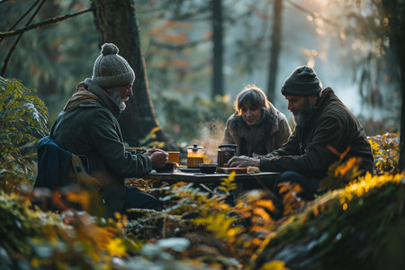 Mature men and women tourists drink coffee at a rest in the forest. Leisure.の素材