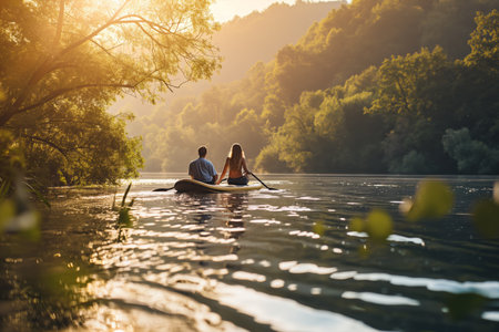 Happy couple sitting on paddleboard floating over. Active lifestyle, sports.の素材
