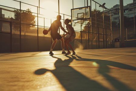 Young couple playing basketball on the court. Active recreation, sports.の素材