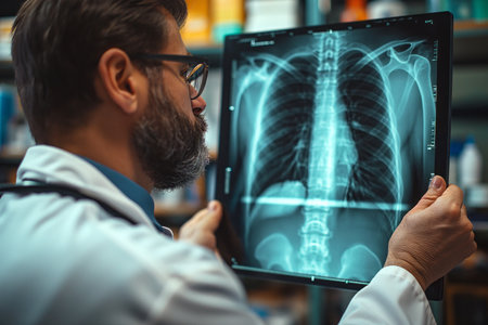 Doctor examining medical x-ray at clinic.の素材